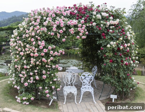 A romantic rose-covered gazebo with a white metal chair, creating a secluded and fragrant seating area