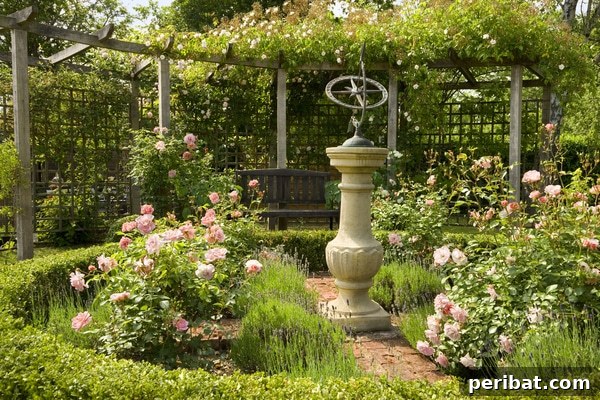 A classic sundial positioned as a focal point within a rose garden, enclosed by a simple wooden trellis and low shrubbery