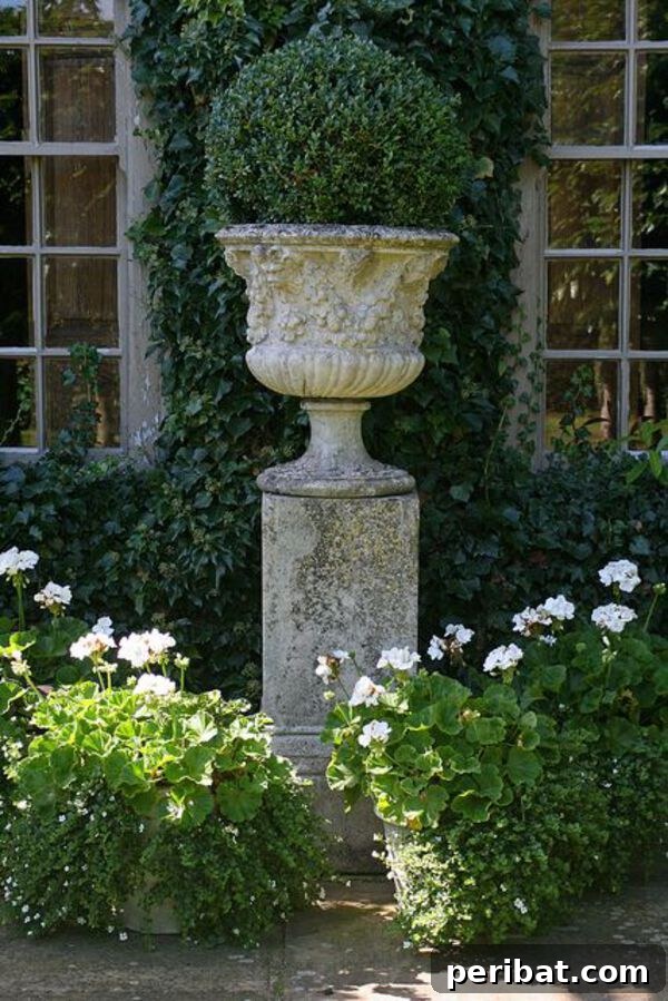 An elegant concrete planter topiary with sculpted green shrubs, serving as a classical focal point in a garden