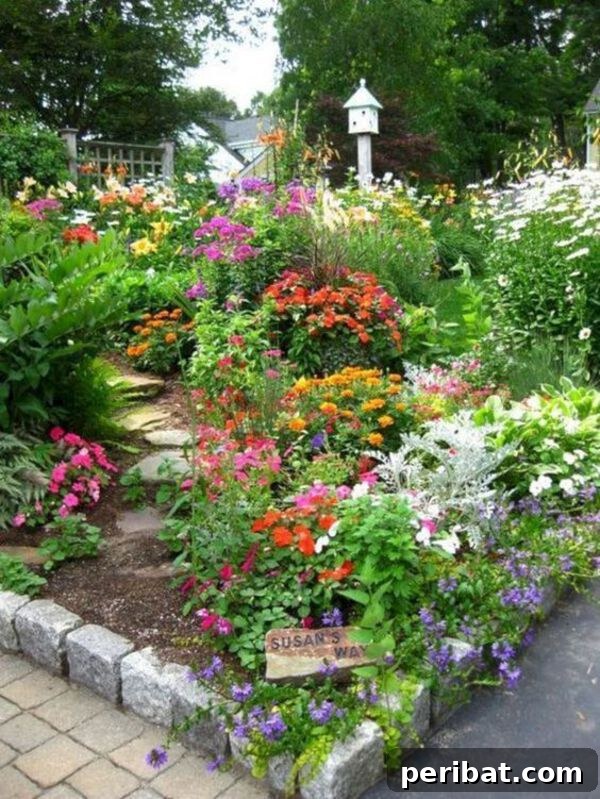 A garden pathway bordered with natural stones, leading through a vibrant mix of colorful flowers and diverse plants, with a birdhouse in the background