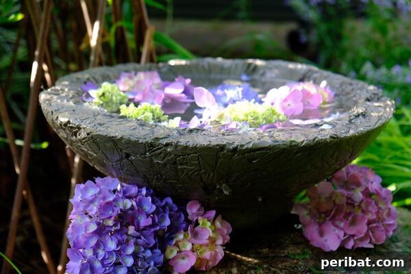 A beautiful textured concrete birdbath filled with water, surrounded by delicate purple flowers