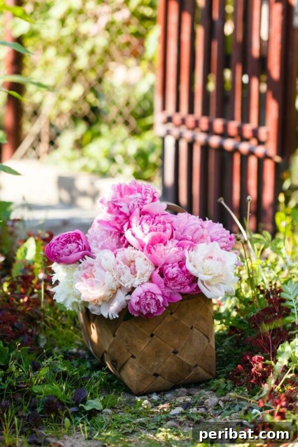 A rustic wicker basket overflowing with freshly cut pink roses, placed in a garden setting