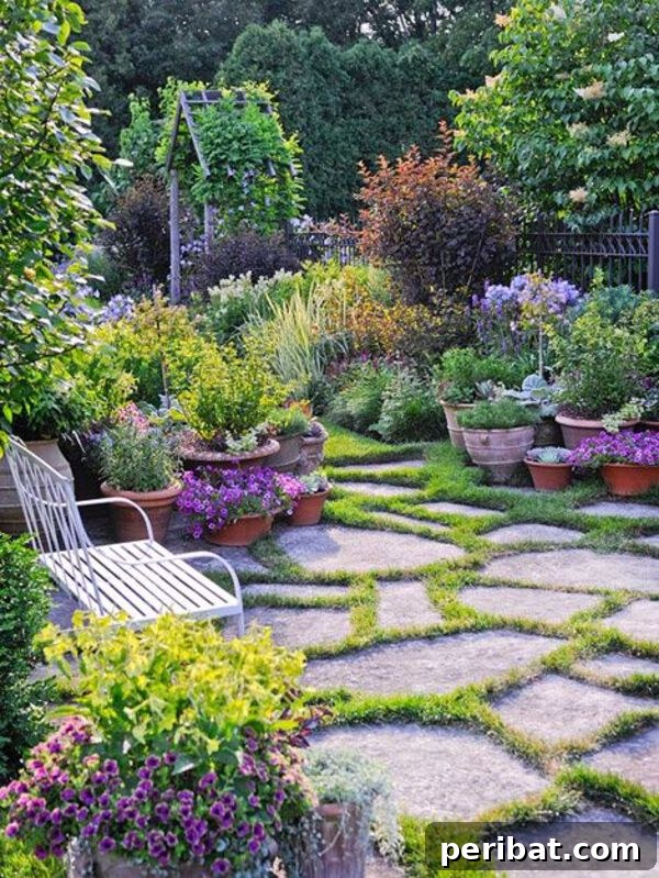 A rustic garden path created with large, irregularly shaped stones partially buried in the ground, allowing grass to grow between them