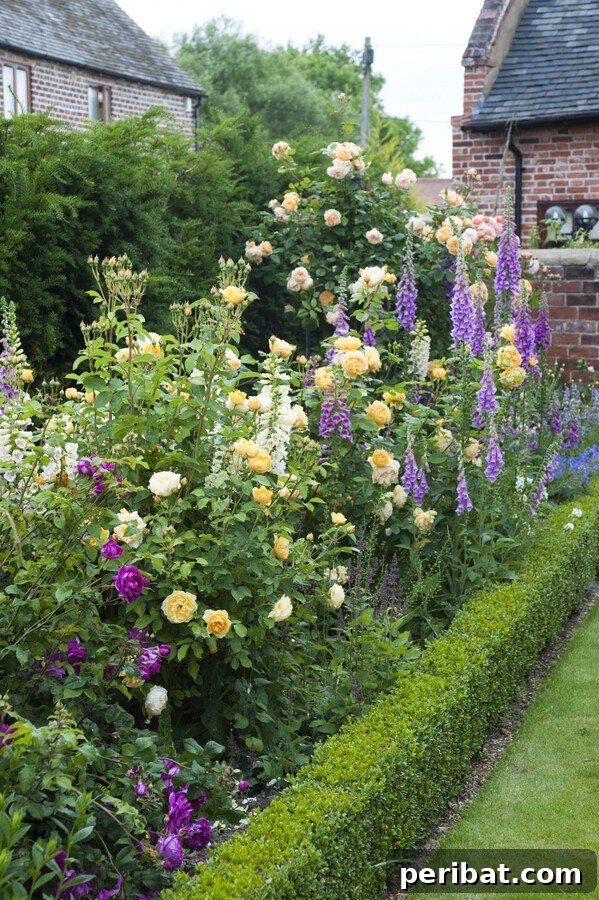 A vibrant garden border showcasing a beautiful mix of low green shrubs, tall pink roses, and purple hyacinths creating varied heights and textures