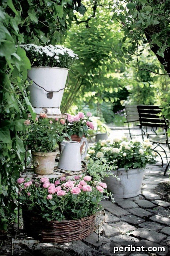 A tiered corner shelf display with various potted flowers and a rustic watering can, maximizing vertical garden space