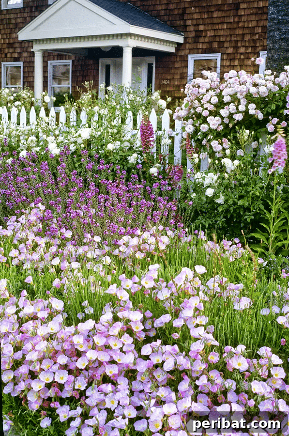 A vibrant and colorful cottage garden featuring a classic white picket fence that contrasts beautifully with the blooms