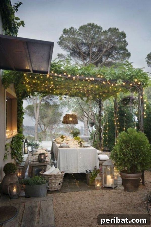 A charming pergola adorned with twinkling string lights, casting a warm glow over a picnic table and surrounding vines, perfect for evening relaxation