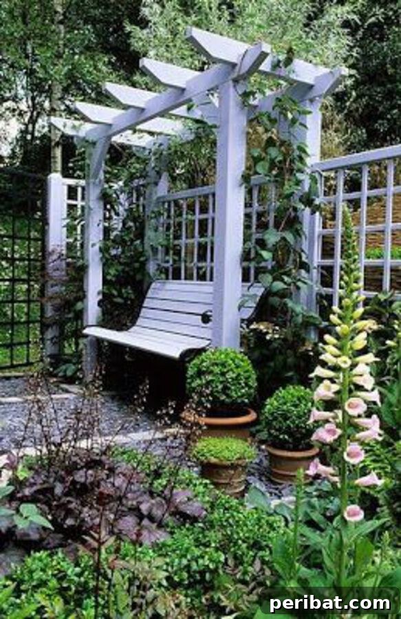 A beautiful white garden bench placed under a rustic pergola, adorned with climbing vines, creating a peaceful seating area