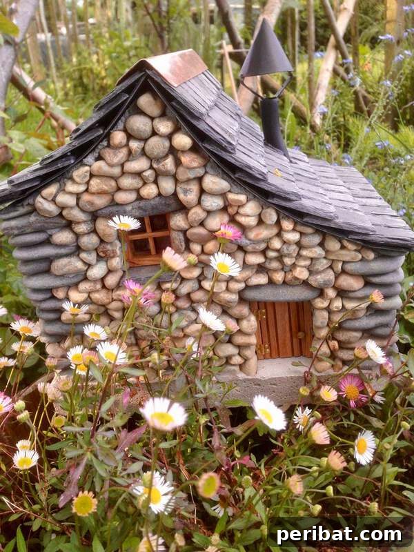 An intricately designed stone fairy house nestled among lush garden foliage, adding a magical touch