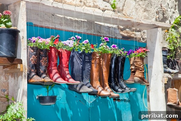 Rustic boot planters filled with vibrant flowers, hanging from a wooden archway in a garden