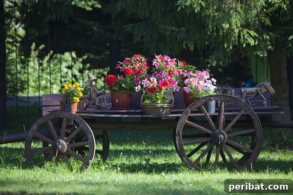 An old wooden wagon artfully arranged with various potted flowers, creating a mobile garden display