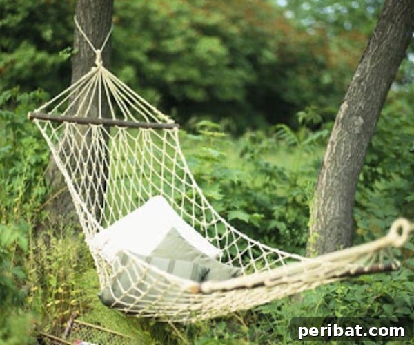A cozy string hammock strung between two trees, adorned with comfortable pillows, inviting relaxation in a lush garden setting