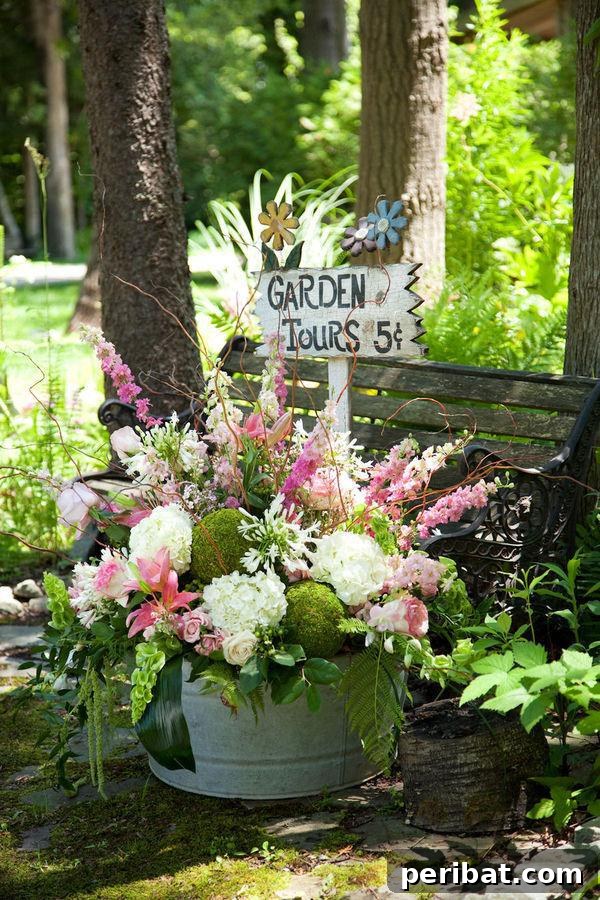 Wooden garden tours sign with metal flower embellishments in a potted plant
