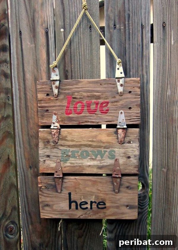 Multi-slat wooden sign connected by hinges, displaying various garden messages