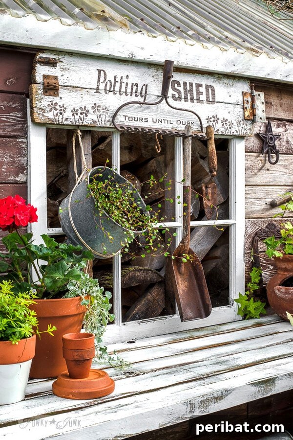 Weathered potting shed sign with stenciled words and flower details
