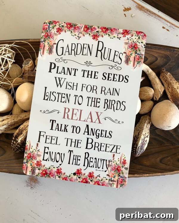 Wooden garden rules sign with whimsical rules