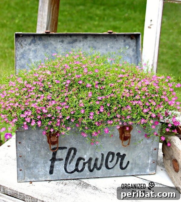 Vintage metal toolbox painted with 'flower' to serve as a garden sign