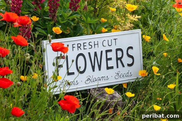 Garden sign designed to look like a vintage license plate, reading 'Fresh Cut Flowers'