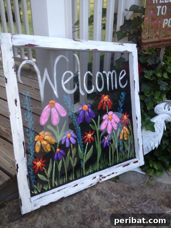 Reclaimed old window pane painted with flowers and a welcome message for a garden