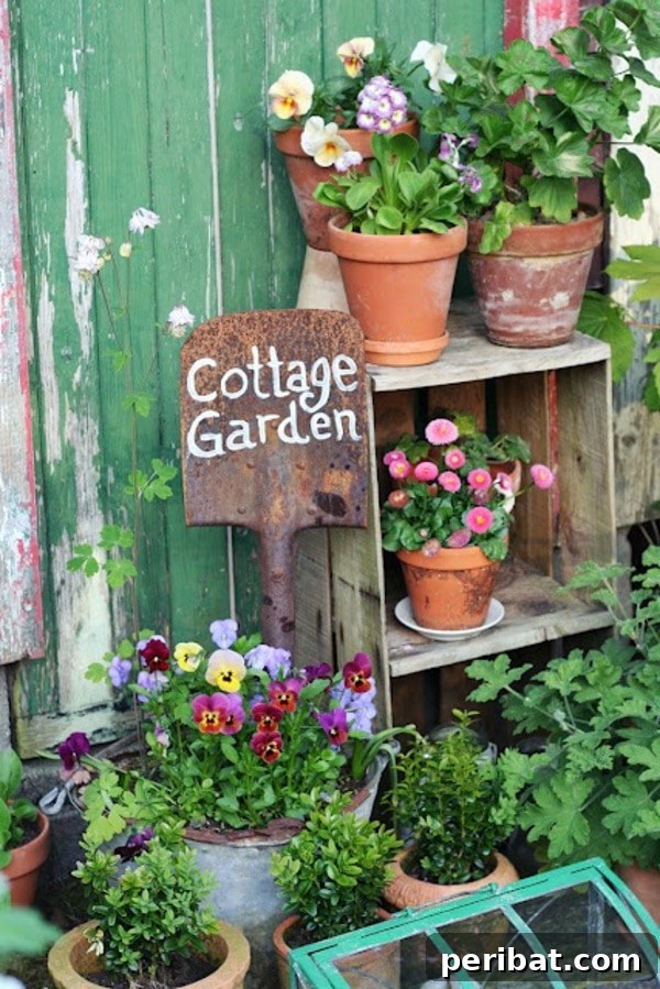 Rusty garden shovel with a painted message, standing in a garden corner
