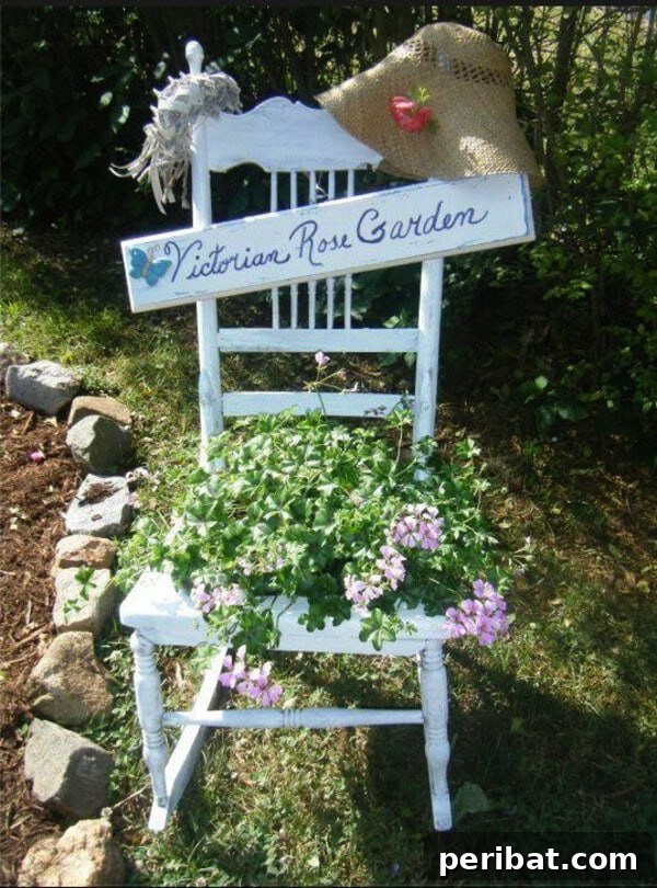 White rocking chair repurposed as a planter and a stand for a Victorian style garden sign