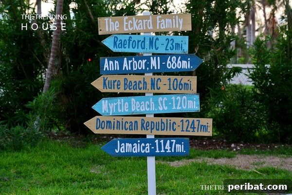 Blue directional garden sign showing distances to friends and family locations