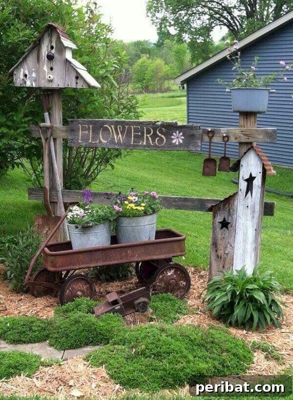 Rustic garden display featuring an old fence rail with a painted sign, birdhouses, and gardening tools