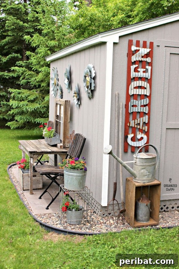 Outdoor sign spelling 'GARDEN' using corrugated metal letters on a wooden backdrop
