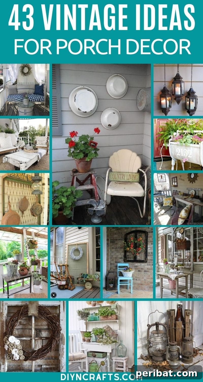 Vintage porch decor collage showcasing various rustic and antique elements