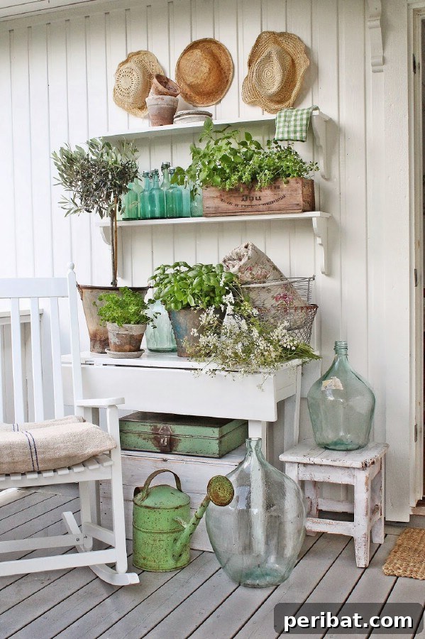 White table and shelves with green and white vintage decor