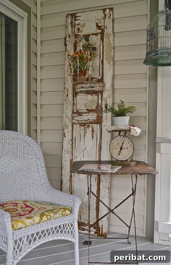 Old shutter and a rusty metal TV tray on a porch with vintage clock