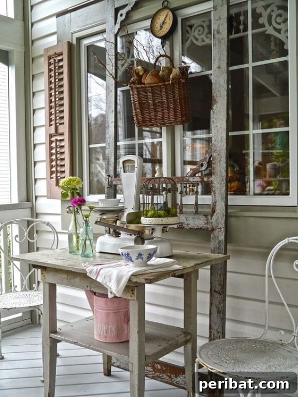 Vintage wooden table with rustic screen door frame and baskets