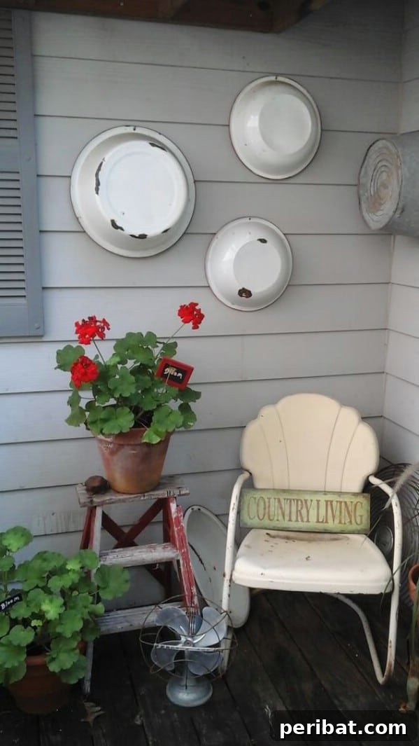 Enamel bowl hanging on a porch wall