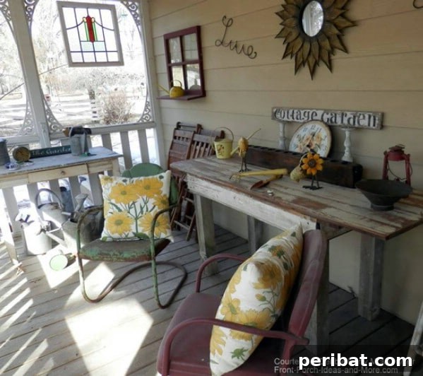 Metal lawn chair next to a distressed wood table on a porch