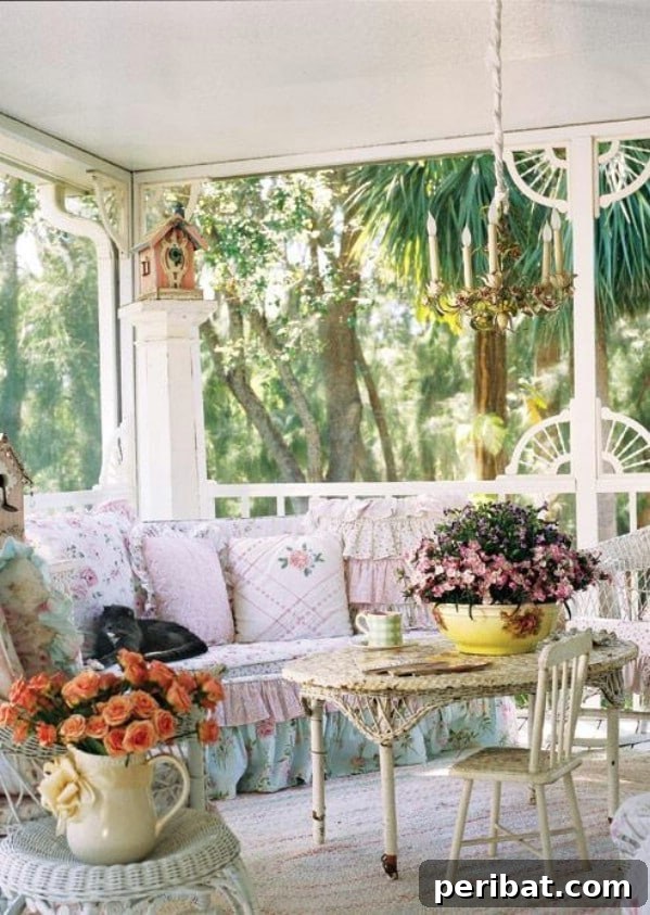 Porch sofa with a floral slipcover and decorative pillows