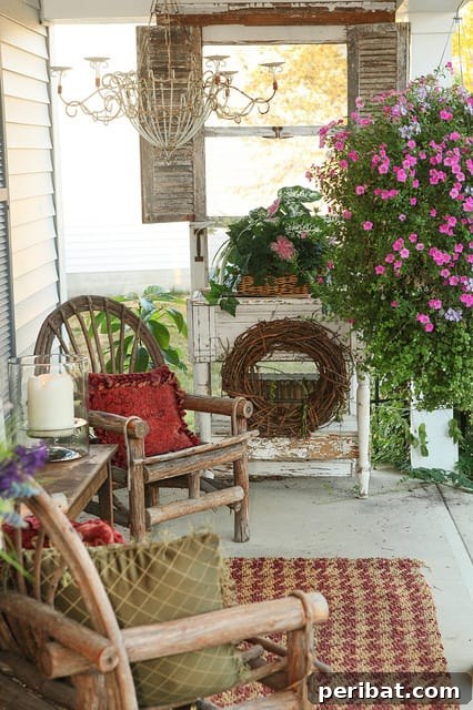 Wooden chairs with red cushions and weathered shutters on a porch