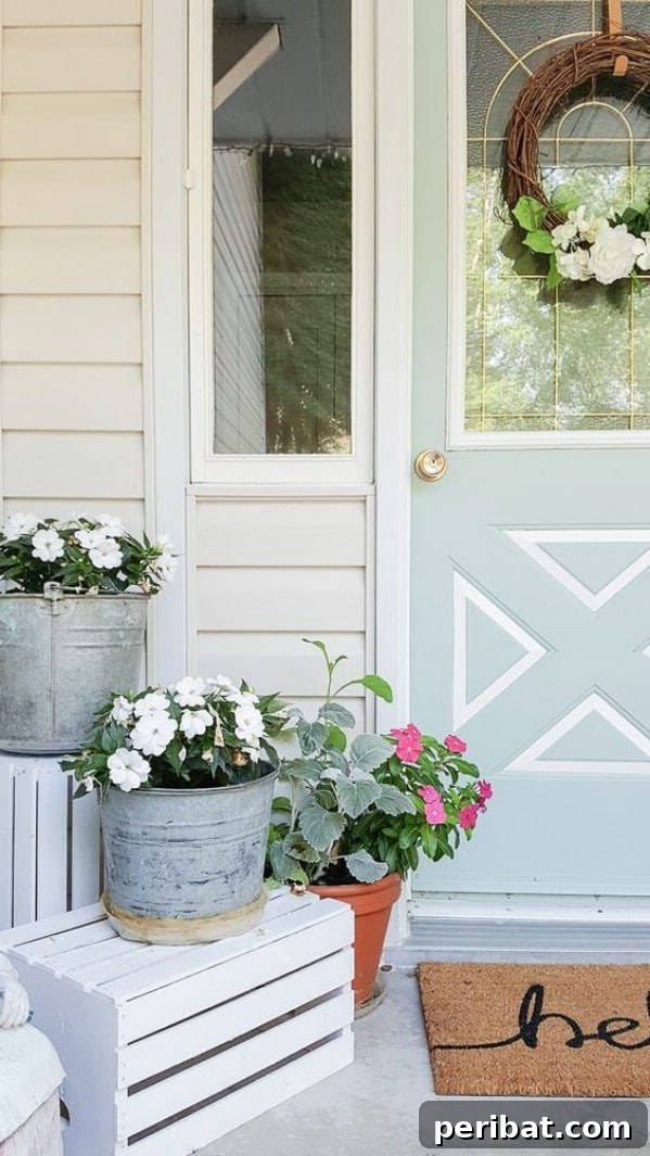 Painted wooden crates and galvanized buckets used as planters