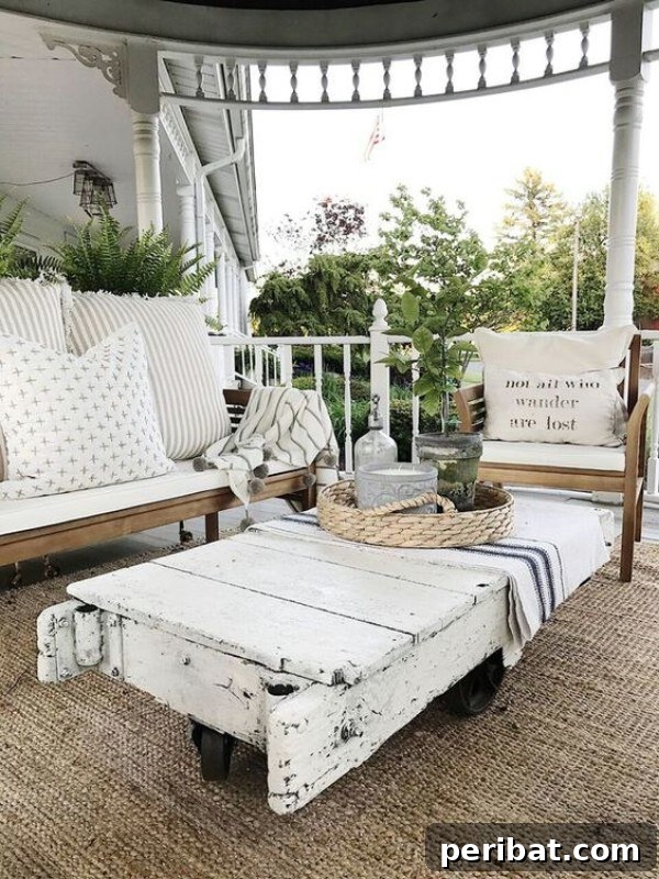 Sleigh table as a coffee table on a farmhouse-style porch