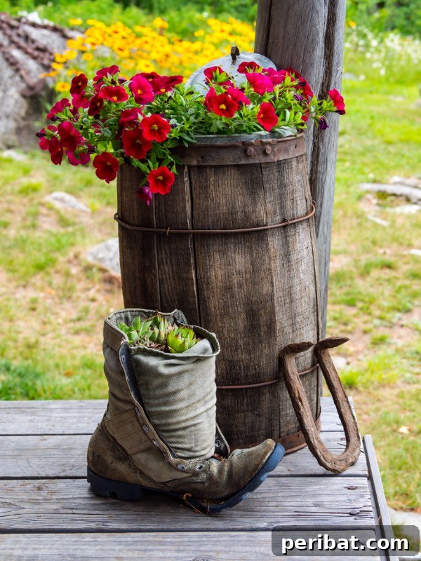 Whiskey barrel and an old boot used as planters with flowers