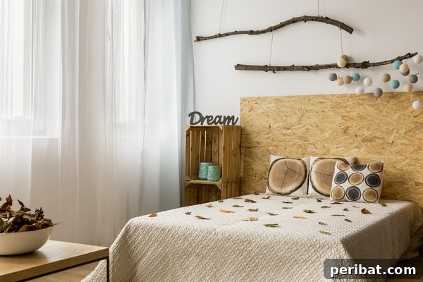 Creating Your Rustic Bedroom Oasis 16 Bedroom with branches hanging above the bed, wood crates