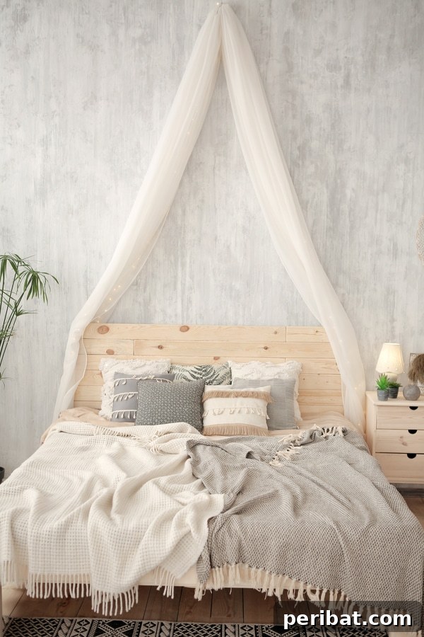 Creating Your Rustic Bedroom Oasis 20 Bedroom with white canopy, neutral textiles, and raw wood furniture