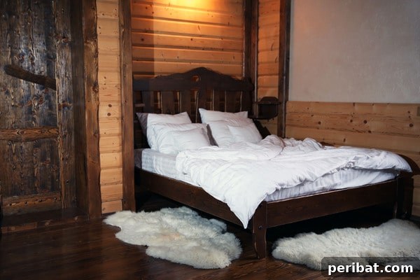 Creating Your Rustic Bedroom Oasis 23 Dark wood bed frame and white fluffy rugs in a rustic bedroom