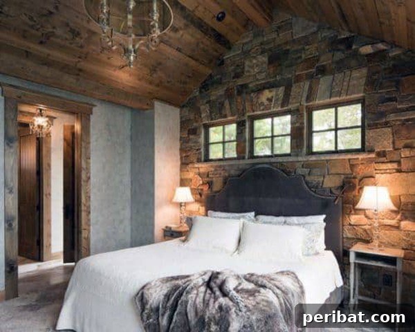 Creating Your Rustic Bedroom Oasis 25 Bedroom with a striking stone wall behind the bed
