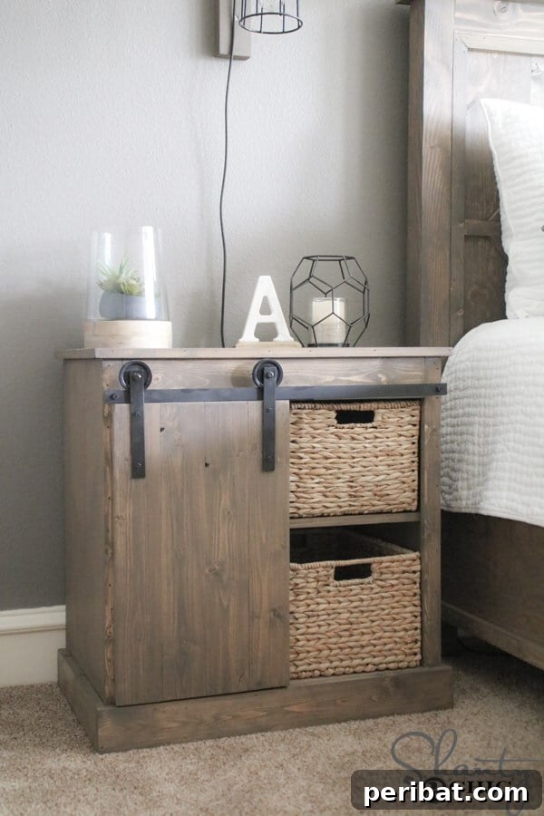 Creating Your Rustic Bedroom Oasis 26 Barn door style wooden nightstand with baskets