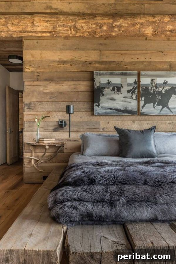 Creating Your Rustic Bedroom Oasis 35 Bedroom with elevated reclaimed wood bed frame and wood-lined walls