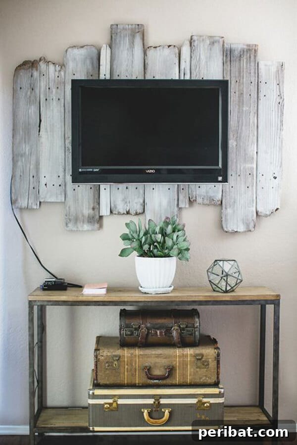 Creating Your Rustic Bedroom Oasis 37 TV mounted on a reclaimed wood backsplash with rustic shelf