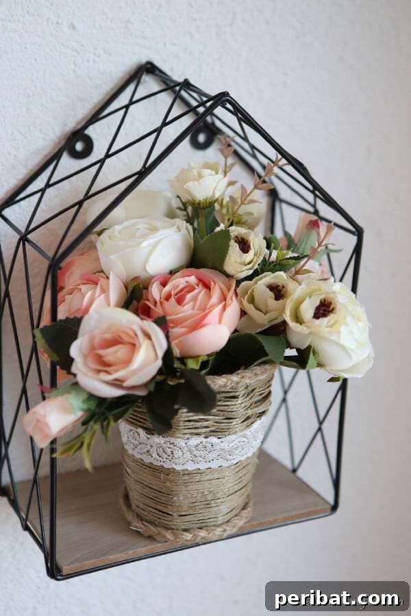 Creating Your Rustic Bedroom Oasis 5 Rustic twine-covered vase displayed in a wire wall shelf