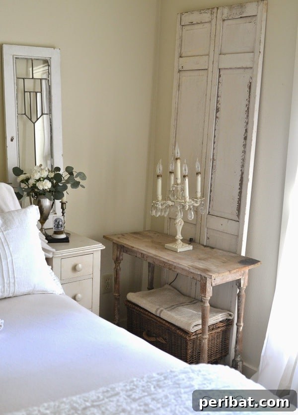 Creating Your Rustic Bedroom Oasis 8 Bedroom with weathered white furniture and vintage shutters