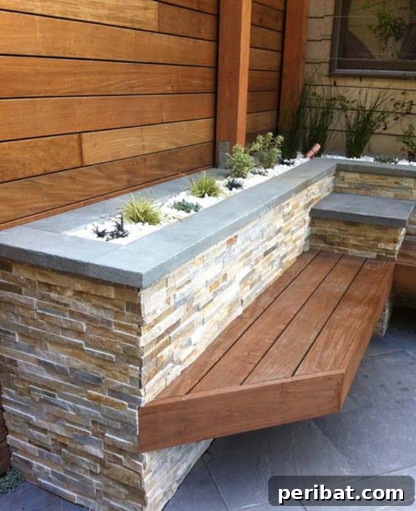 Smart DIY Integrated Planters for Maximizing Tiny Outdoor Areas 11 A stacked stone planter with a concrete top that doubles as a bench back.