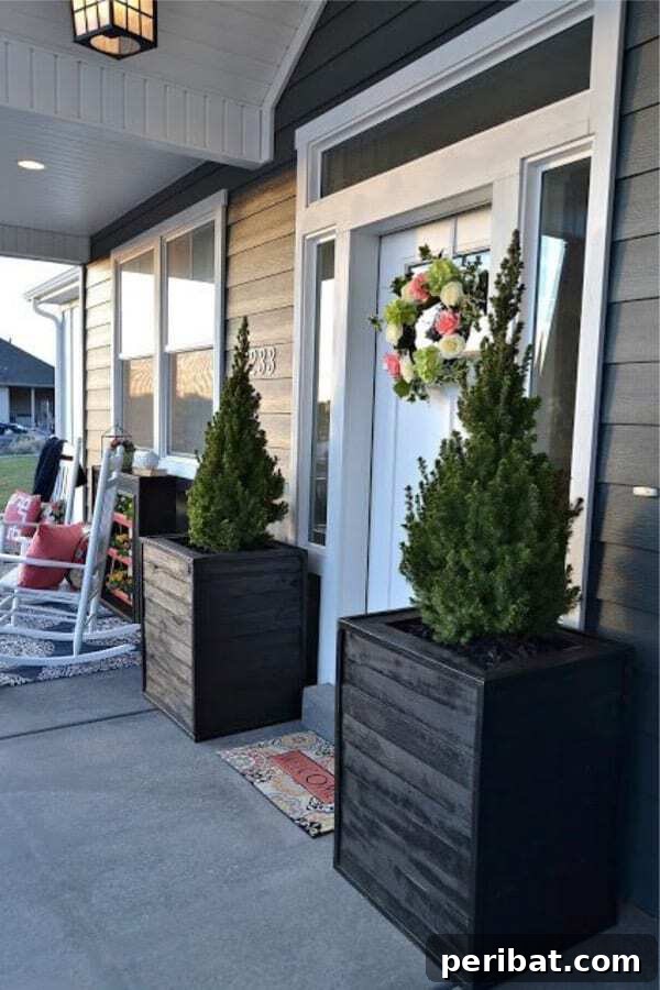 Smart DIY Integrated Planters for Maximizing Tiny Outdoor Areas 13 Symmetrical box planters flanking a front door, filled with manicured shrubs.